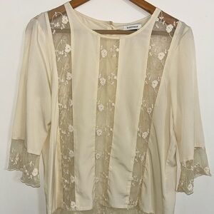 Gryphon New York Women Cream 3/4 Sleeve Lace Sheer Top Large Blouse Floral Prep